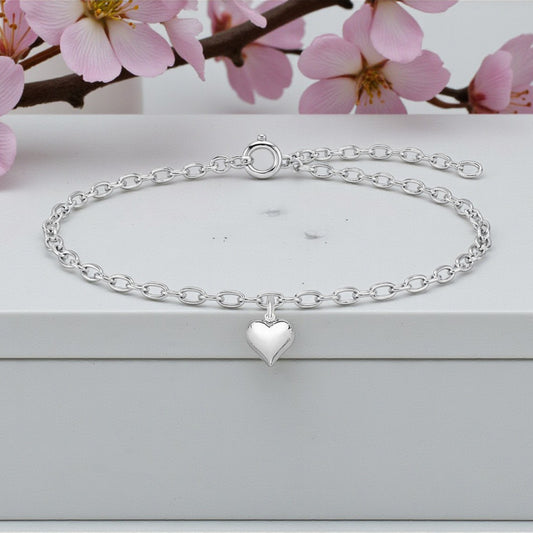 Silver Puffy Heart Charm Bracelet | Sterling Silver 925 | Elegant Jewellery Gift
