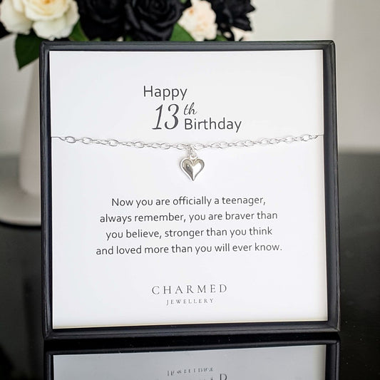 13th Birthday Puffy Heart Bracelet | Sterling Silver 925 | Personalised Jewellery Gift