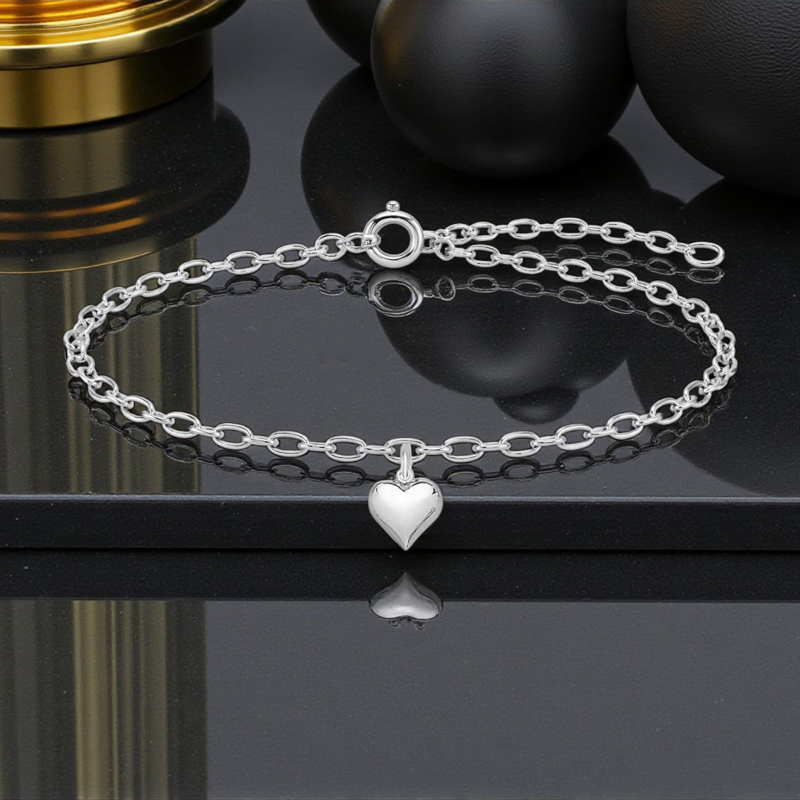 Silver Puffy Heart Charm Bracelet | Sterling Silver 925 | Elegant Jewellery Gift