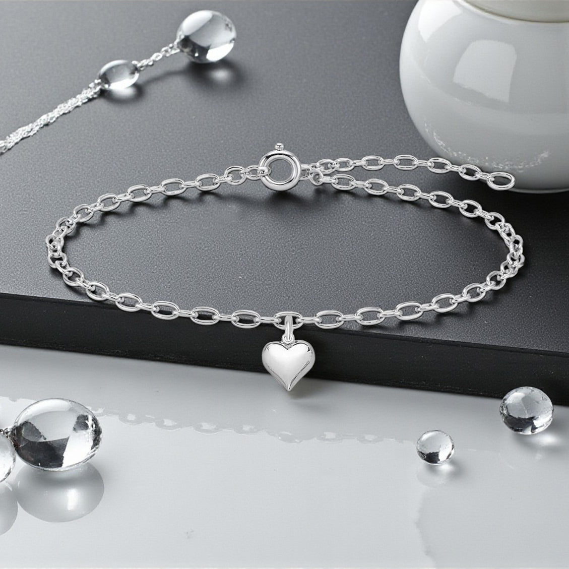 Silver Puffy Heart Charm Bracelet | Sterling Silver 925 | Elegant Jewellery Gift