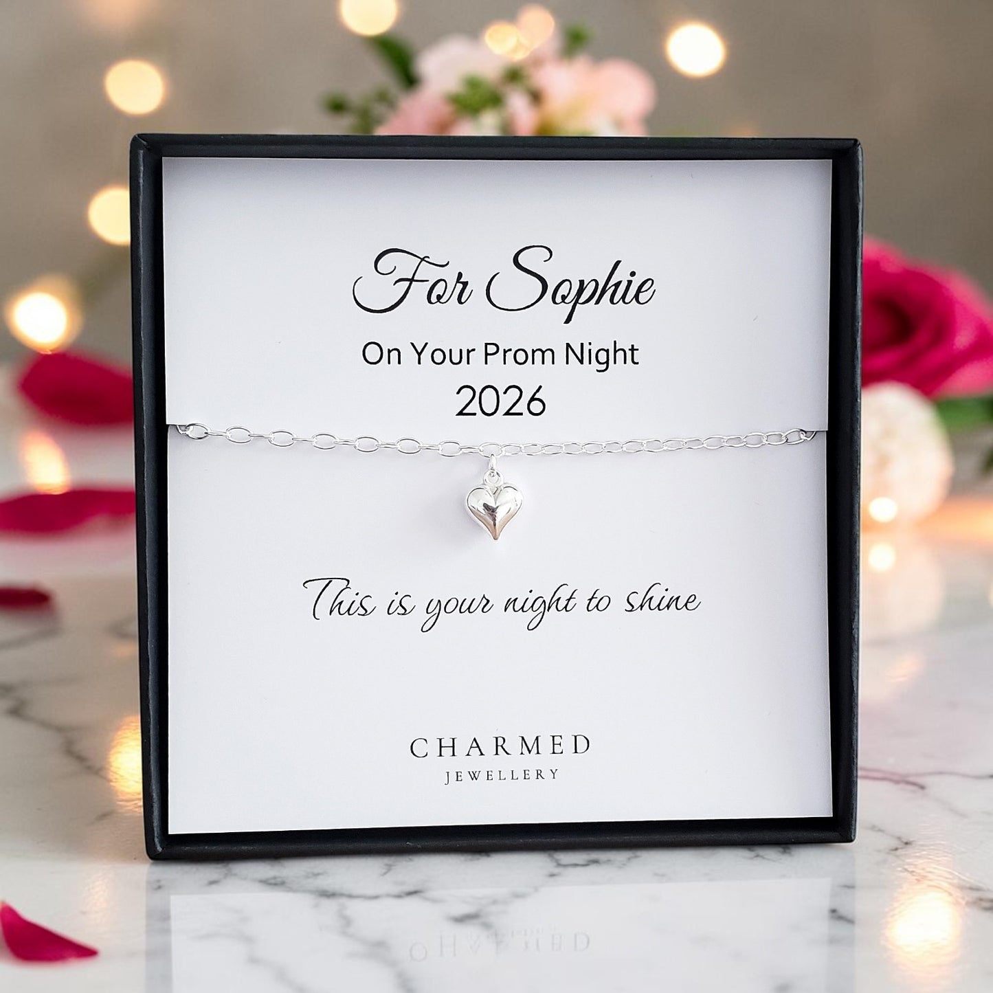 Personalised Prom Gift | Puffy Heart Bracelet in Sterling Silver 925