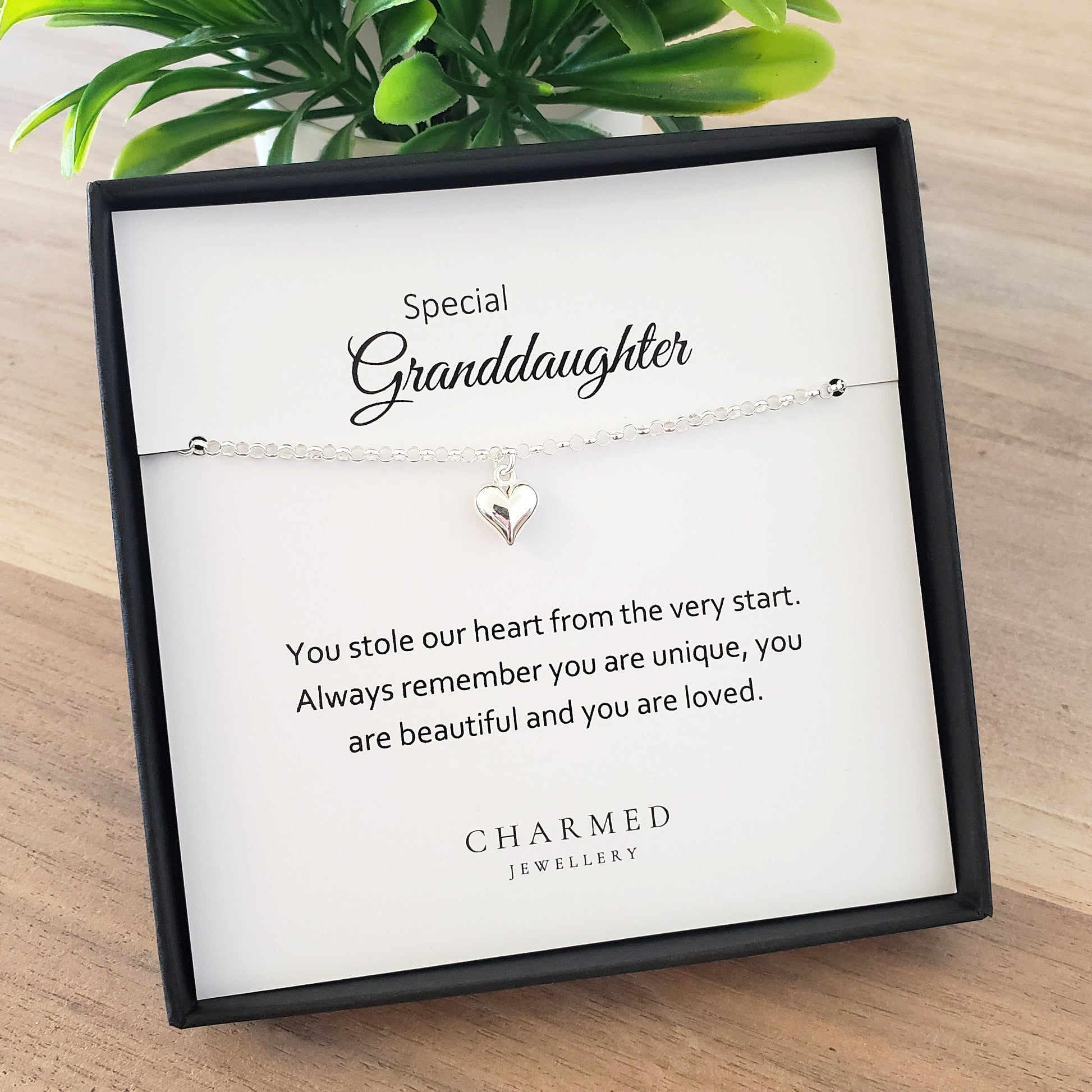 Granddaughter Puffy Heart Bracelet in Sterling Silver 925 | Personalised Jewellery Gift