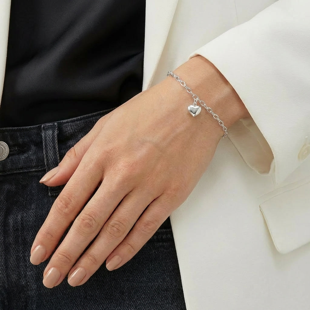 Retirement Gift | Puffy Heart Bracelet in Sterling Silver 925 | Personalised Jewellery Gift