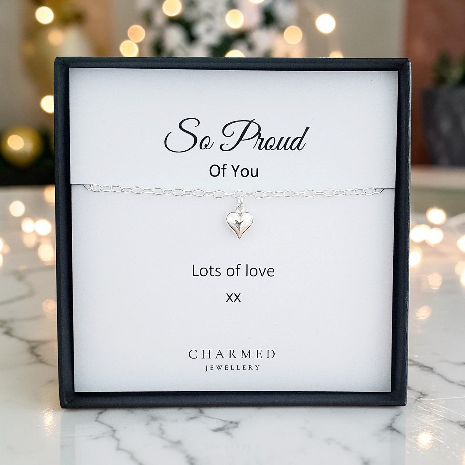 So Proud Of You Gift | Puffy Heart Bracelet in Sterling Silver 925 | Message Card Jewellery