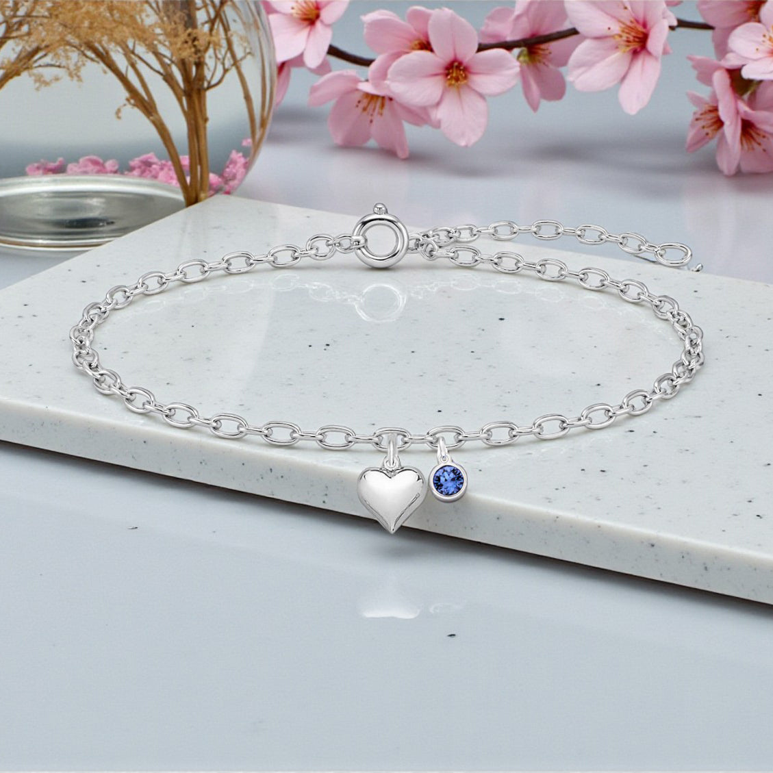 Silver Puffy Heart Bracelet with Crystal Birthstone | Sterling Silver 925 | Personalised Jewellery Gift