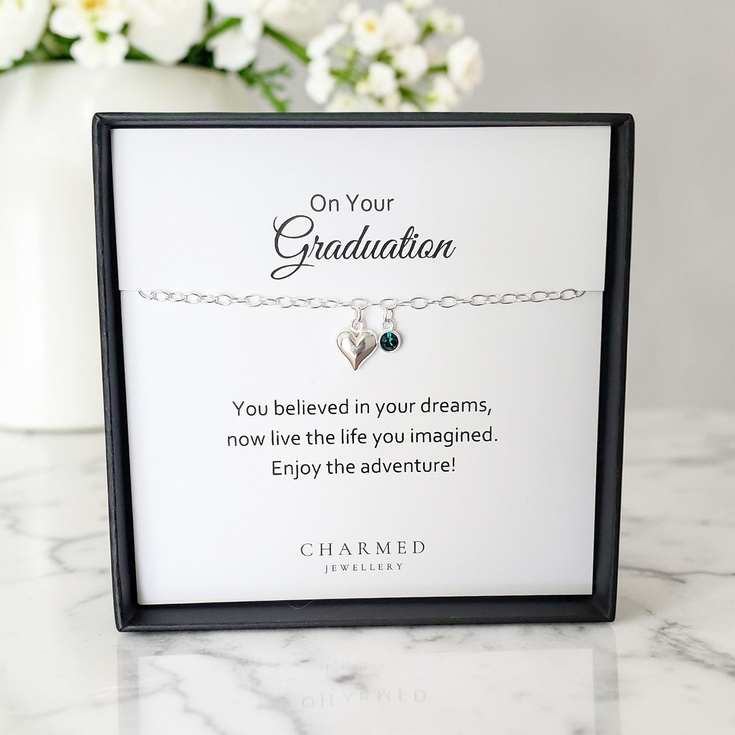 Graduation Gift | Puffy Heart Bracelet with Birthstone in Sterling Silver 925 | Personalised Jewellery