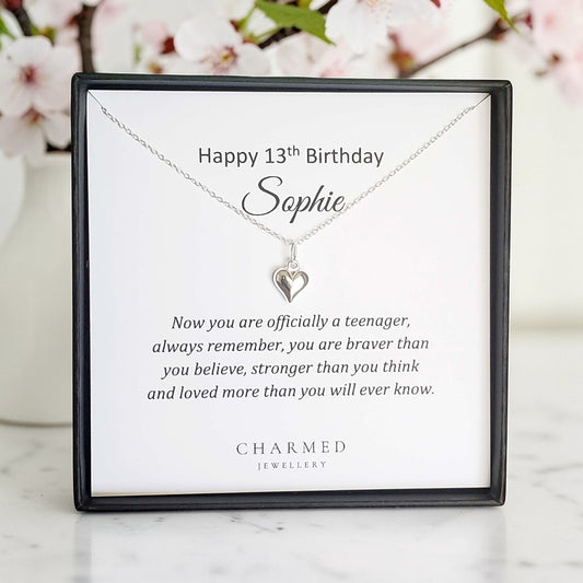 13th Birthday Puffy Heart Necklace | Sterling Silver 925 | Personalised Jewellery Gift