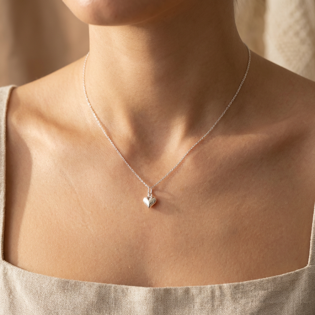 Passing Exams Gift | Puffy Heart Necklace in Sterling Silver 925 | Message Card Jewellery