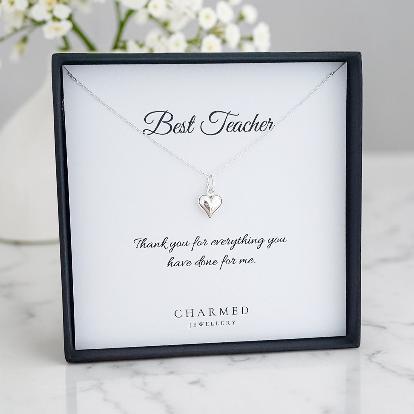Teacher Gift | Puffy Heart Necklace in Sterling Silver 925 | Personalised Jewellery