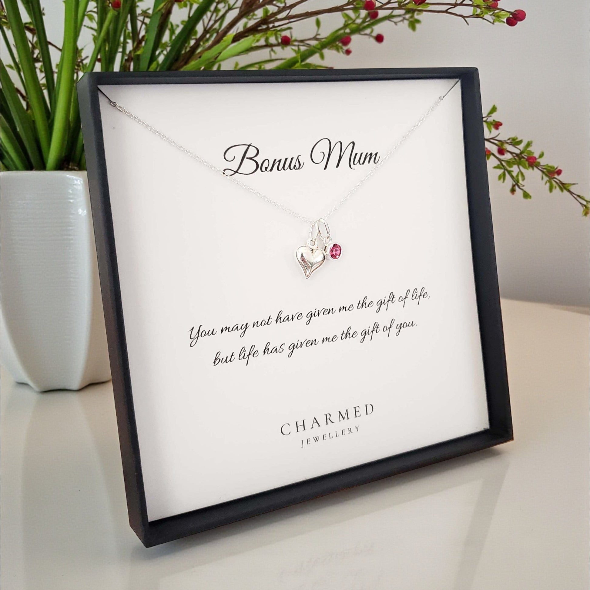 Bonus Mum Heart Necklace with Birthstone | Sterling Silver 925 | Personalised Jewellery Gift