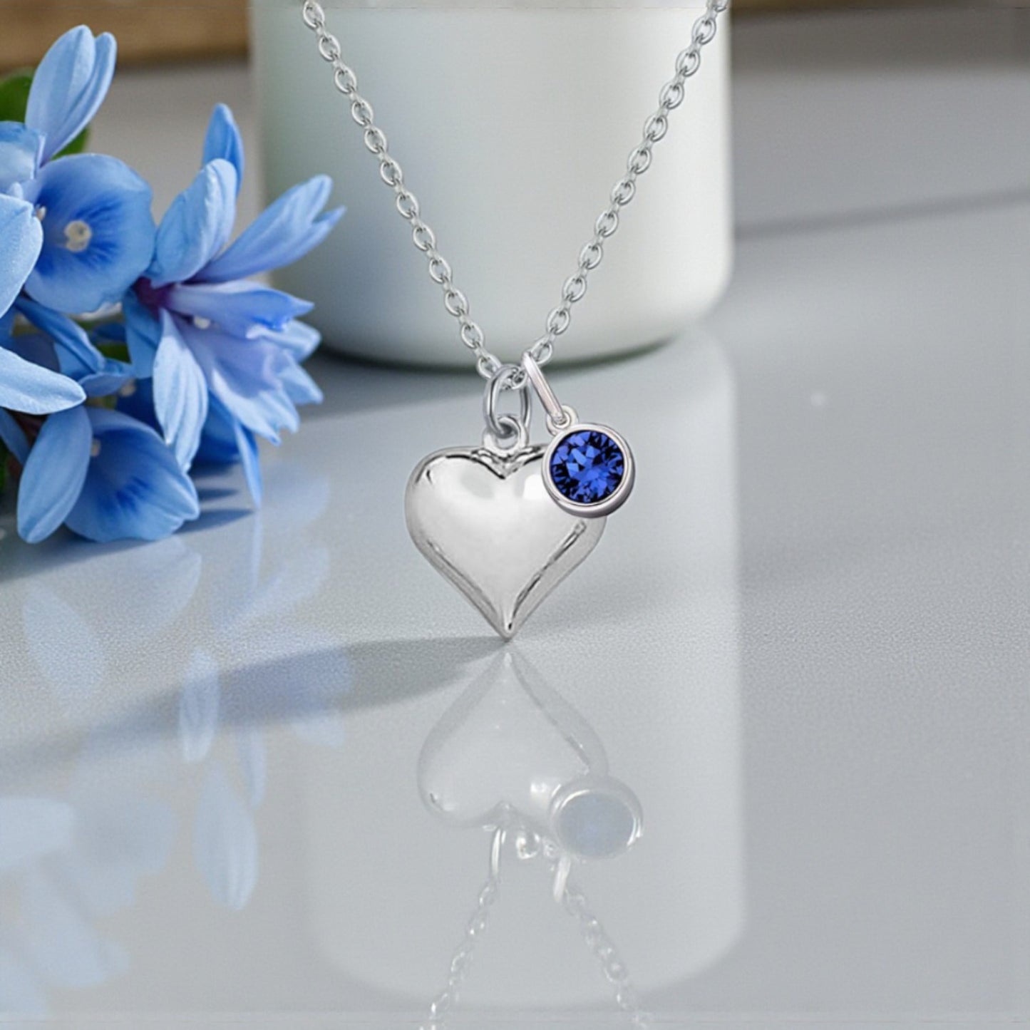 Personalised Puffy Heart Birthstone Necklace in 925 Sterling Silver | Jewellery Gift