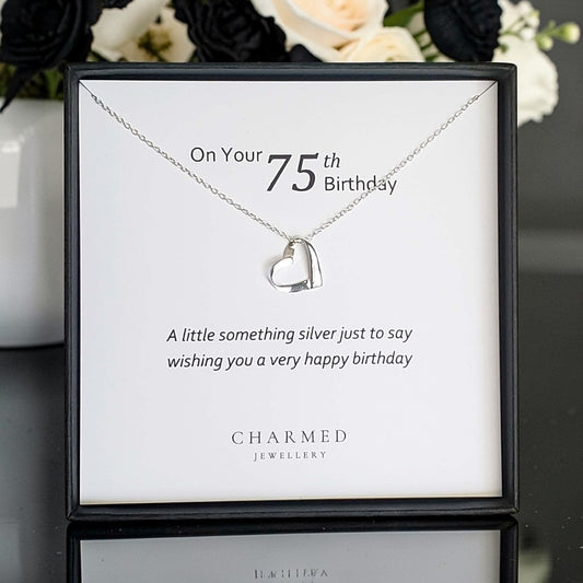 75th Birthday Ribbon Heart Necklace in Sterling Silver 925 | Personalised Jewellery Gift
