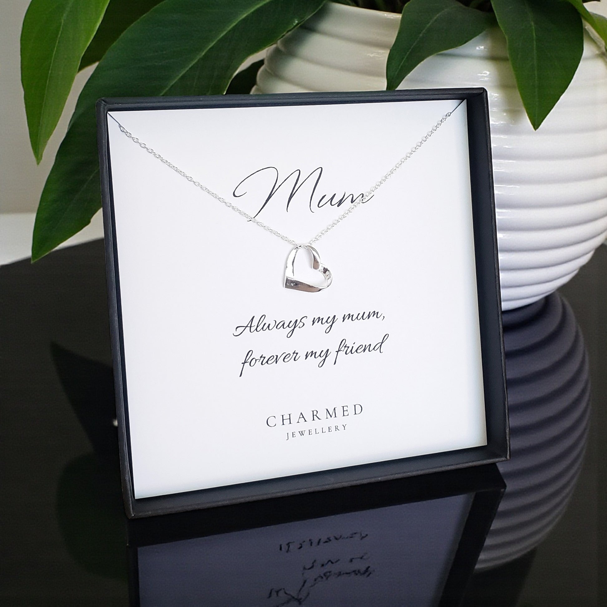 Mum Ribbon Heart Necklace in Sterling Silver 925 | Personalised Jewellery Gift