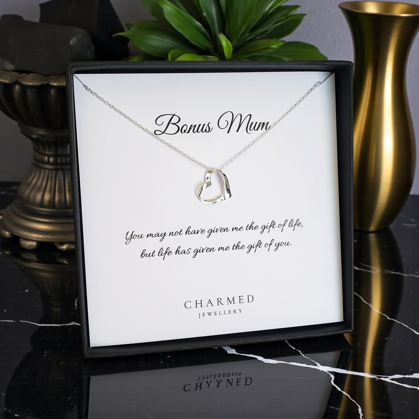 Bonus Mum Ribbon Heart Necklace in Sterling Silver 925 | Personalised Jewellery Gift