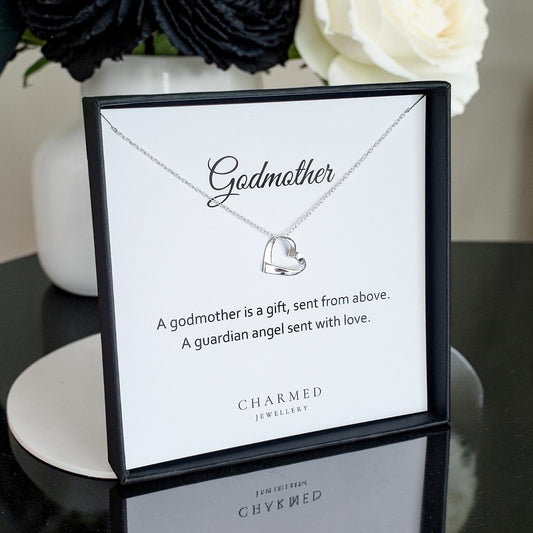 Godmother Ribbon Heart Necklace in Sterling Silver 925 | Personalised Jewellery Gift