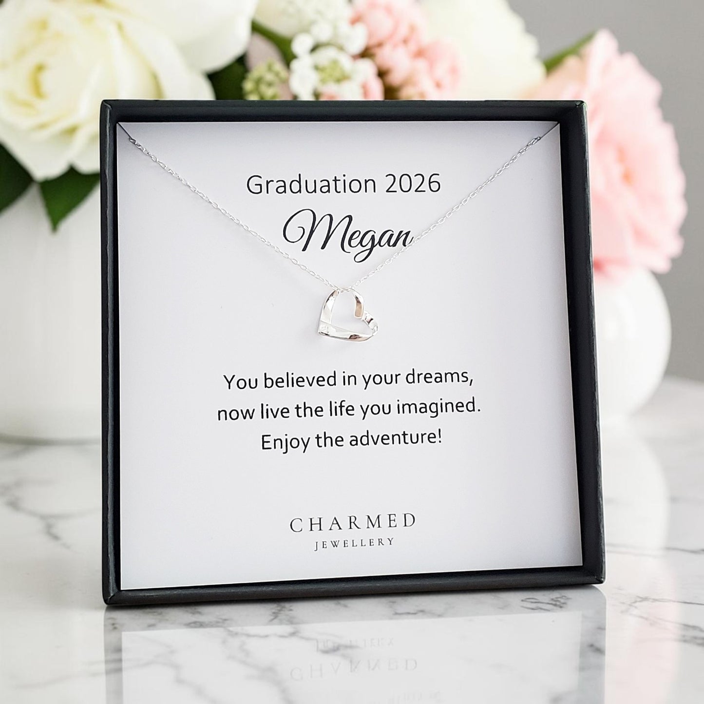 Graduation Gift Ribbon Heart Necklace in Sterling Silver 925 | Personalised Jewellery Gift