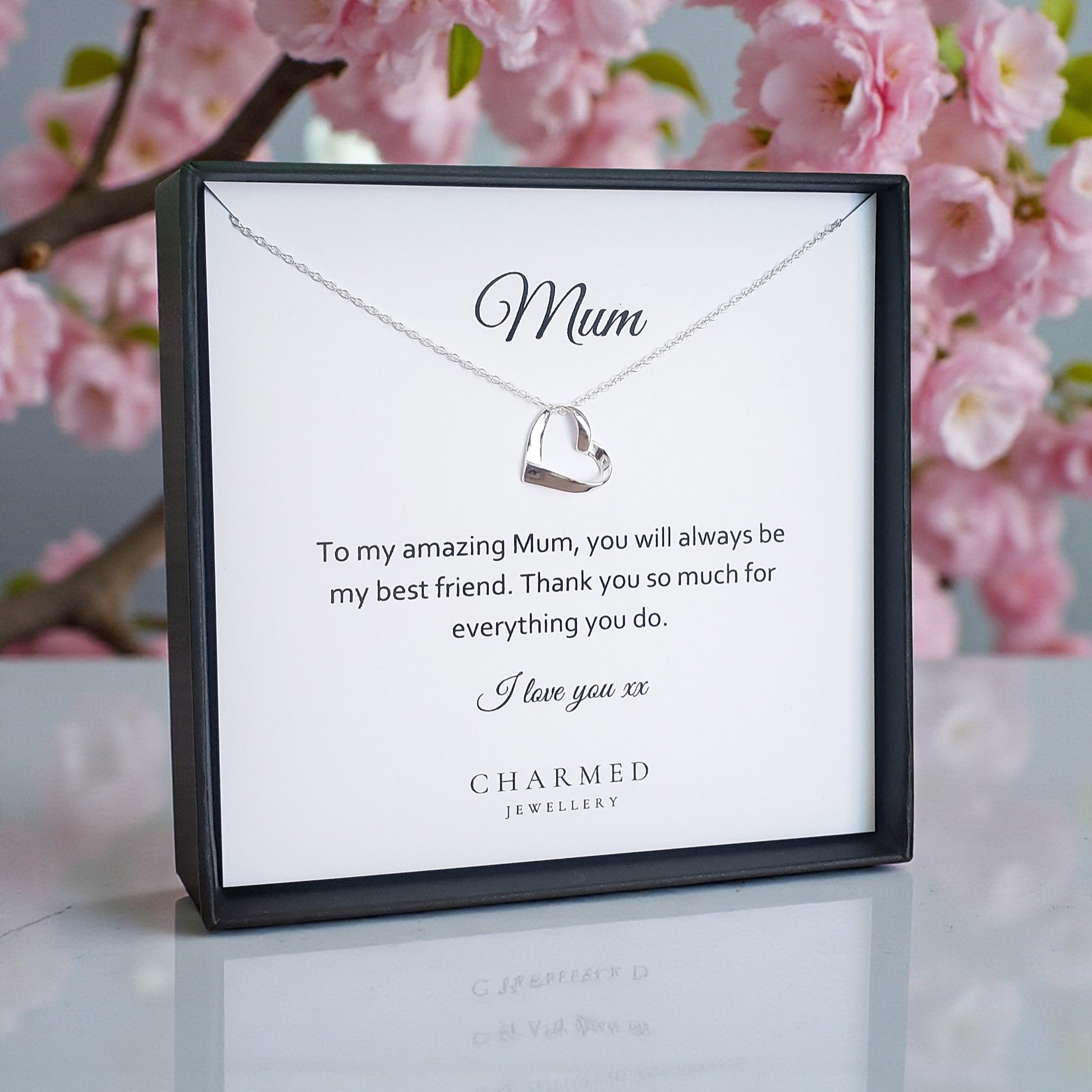 Mum Ribbon Heart Necklace in Sterling Silver 925 | Personalised Jewellery Gift