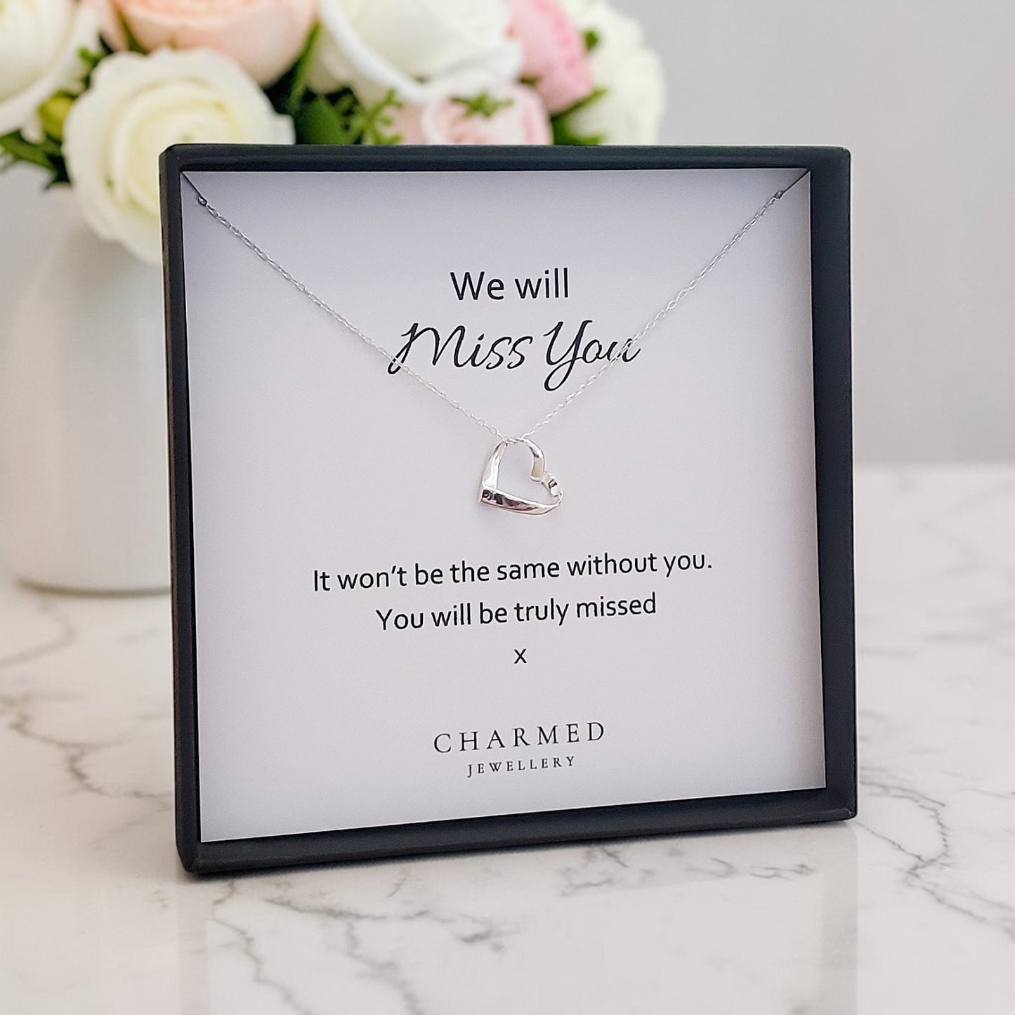 We Will Miss You Gift | Ribbon Heart Necklace in Sterling Silver 925 | Personalised Jewellery