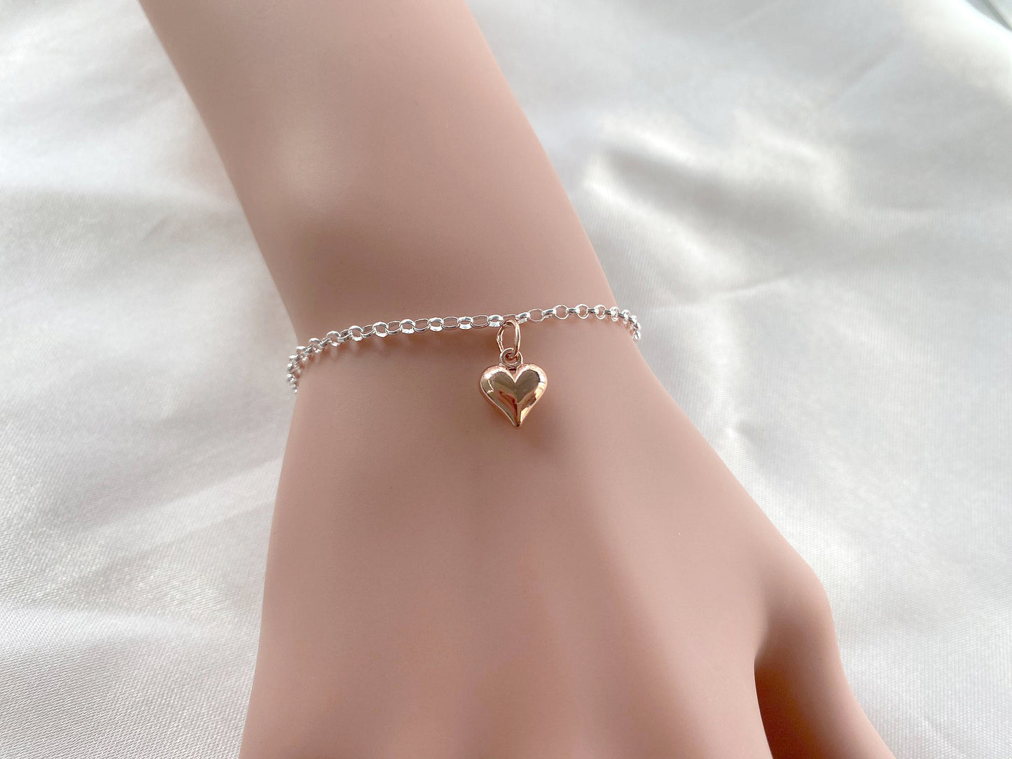 Auntie Rose Gold Puffy Heart Bracelet in Sterling Silver 925, Personalised Jewellery Gift
