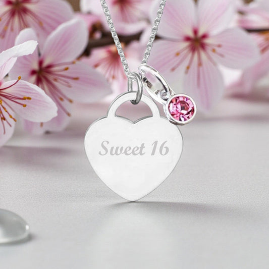 Sweet 16 Engraved Necklace with Birthstone | Personalised Jewellery Gift