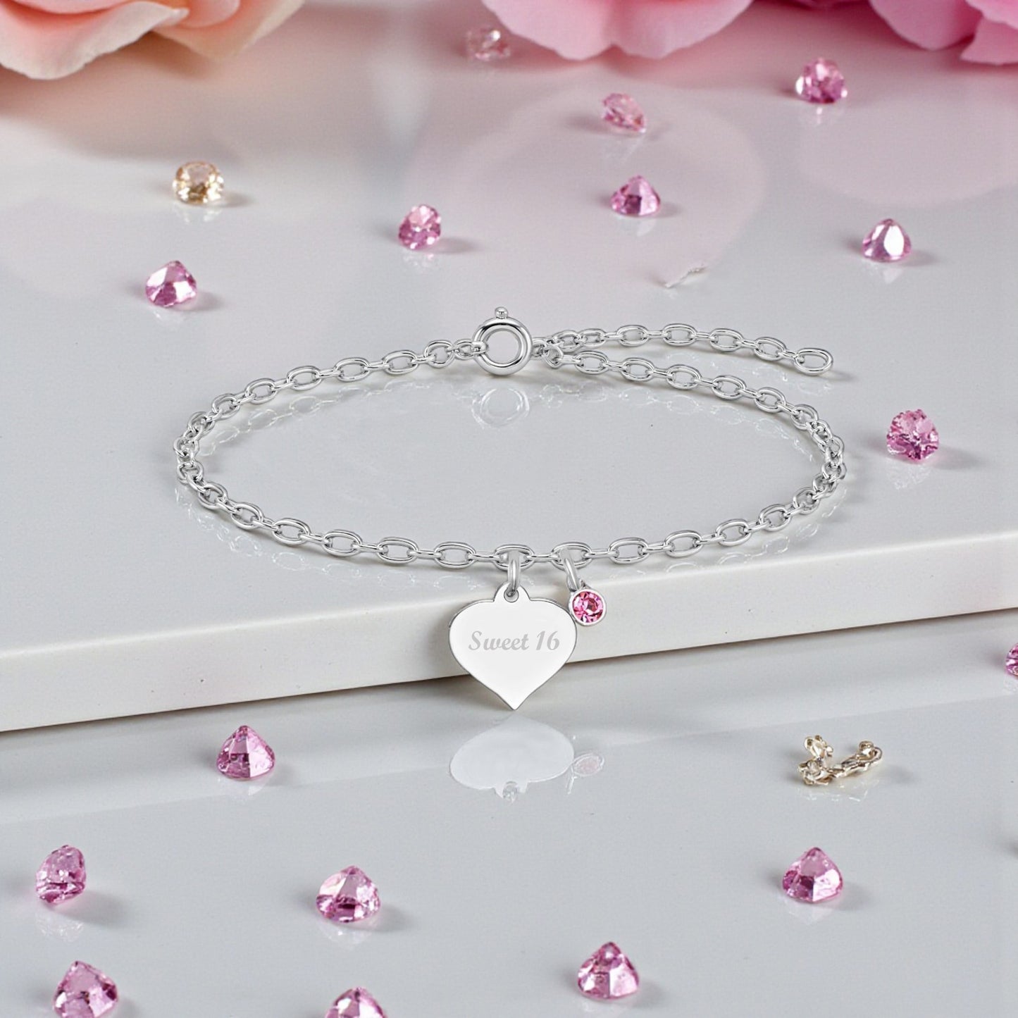 Sweet 16 Birthstone Bracelet | Sterling Silver 925 | Personalised Engraved Jewellery Gift