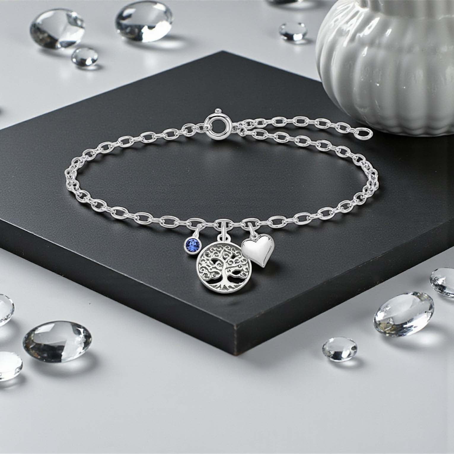 Tree of Life Bracelet with Puffy Heart & Birthstone | Sterling Silver 925 | Personalised Jewellery Gift