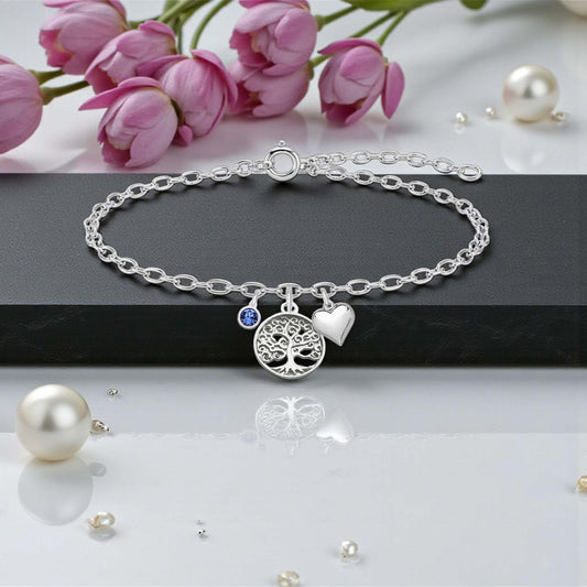 Tree of Life Bracelet with Puffy Heart & Birthstone | Sterling Silver 925 | Personalised Jewellery Gift
