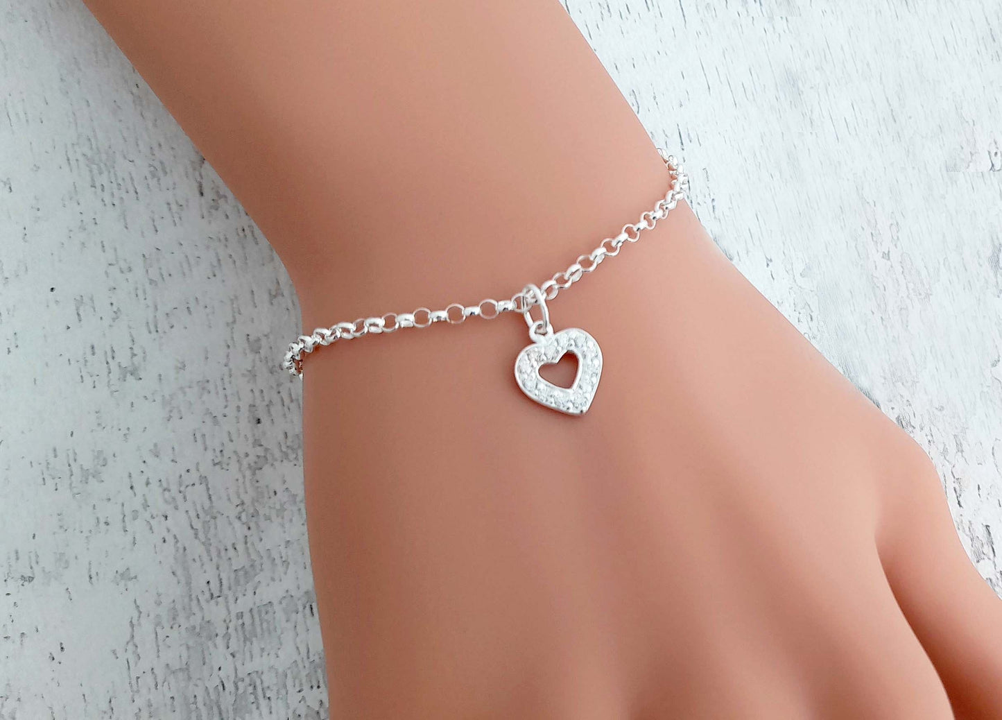 Mother of the Bride Heart Bracelet with Cubic Zirconia in Sterling Silver 925, Personalised Jewellery Gift