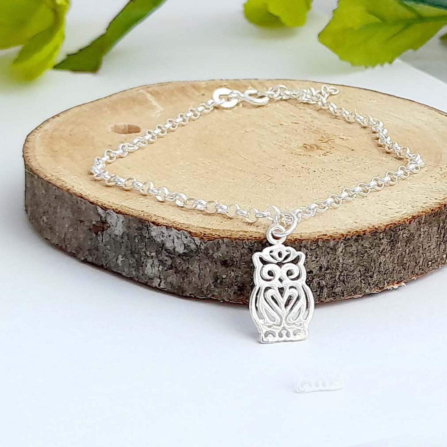 Filigree Owl Charm Bracelet 925 Sterling Silver Gift for Women